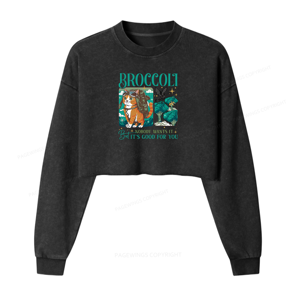 Pagewings Onyx Storm Broccoli Cat Women Washed Crop Sweatshirt