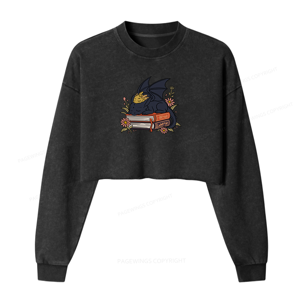 Pagewings Dragon Book Women Washed Crop Sweatshirt