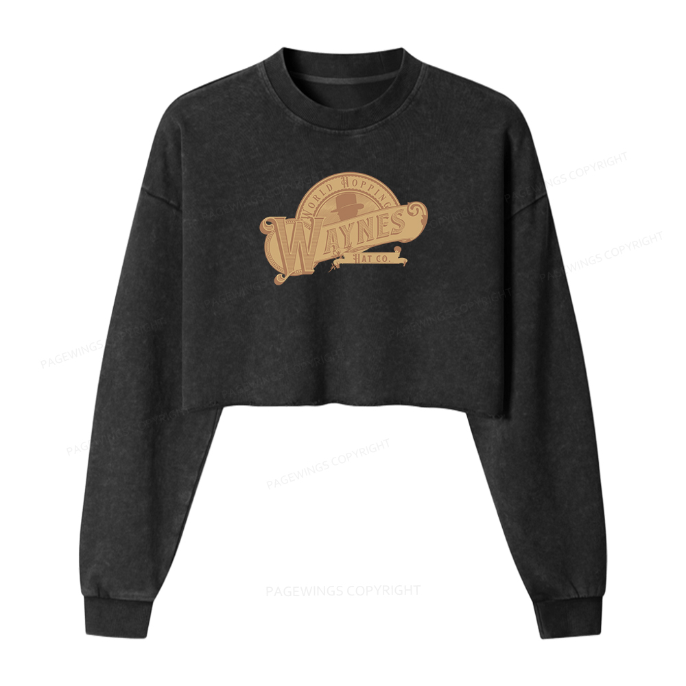 Pagewings World Hopping Waynes Hat Co Women Washed Crop Sweatshirt