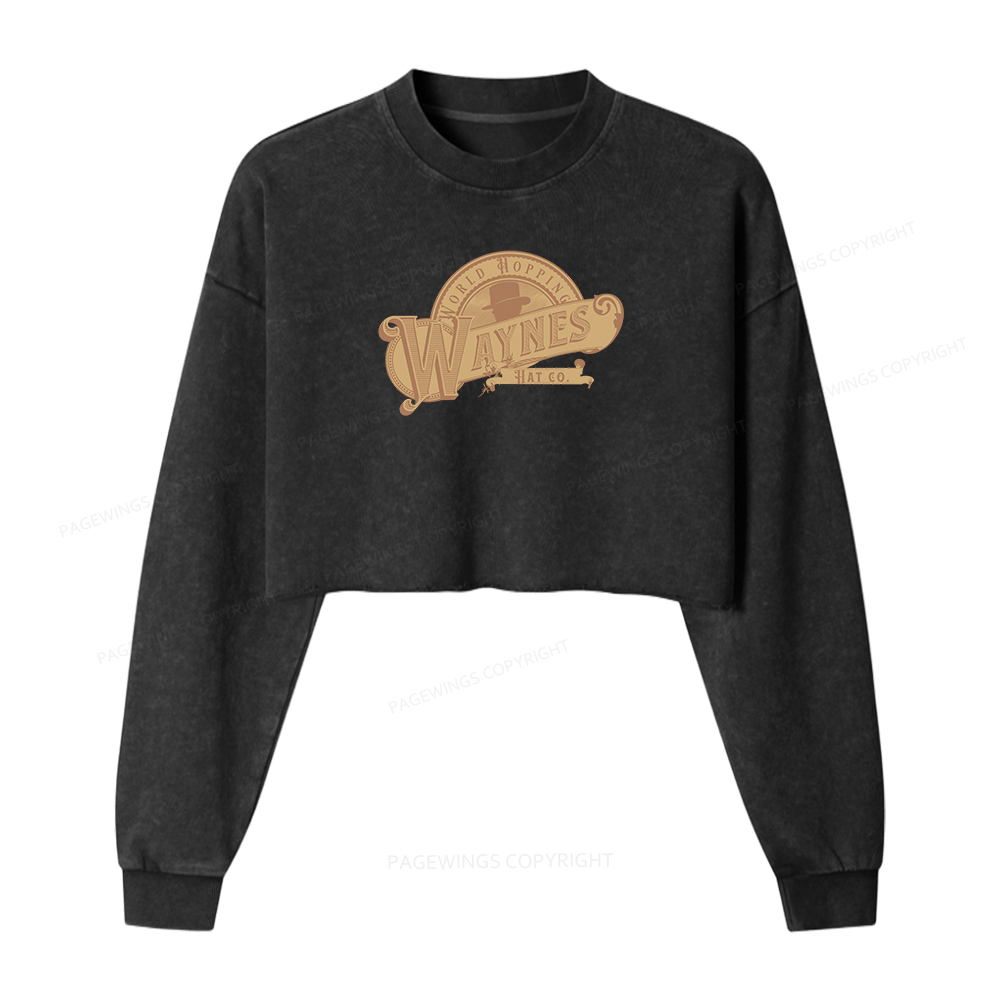 Pagewings World Hopping Waynes Hat Co Women Washed Crop Sweatshirt