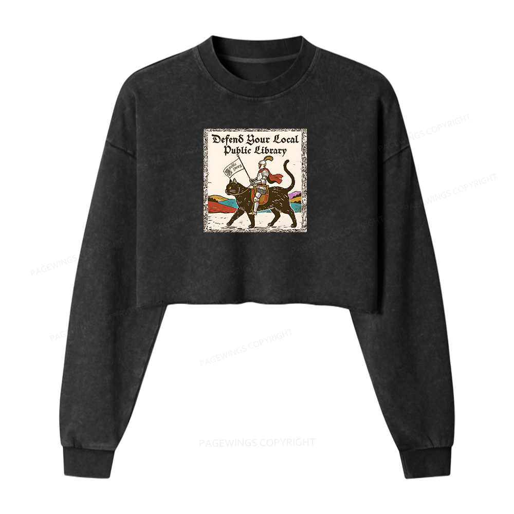 Pagewings Defend Your Local Public Library Women Washed Crop Sweatshirt