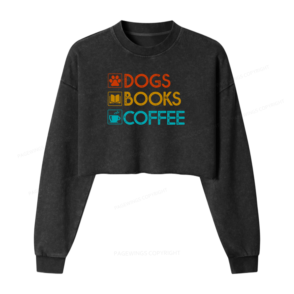 Pagewings Dogs Books Coffee Women Washed Crop Sweatshirt