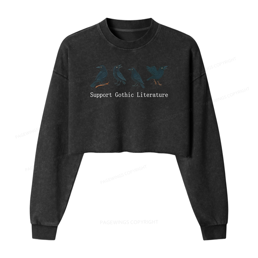 Pagewings Support Gothic Literature Women Washed Crop Sweatshirt