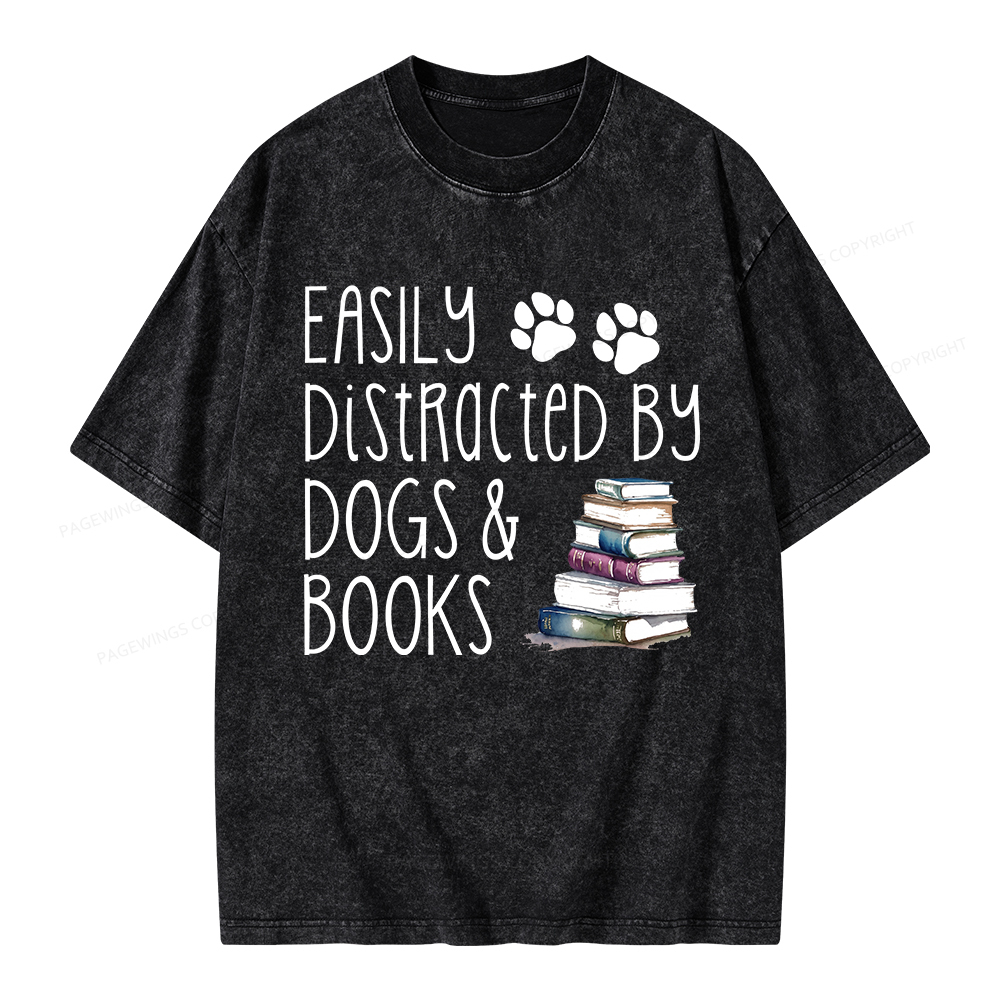 Pagewings Easily Distracted By Dogs And Books Unisex Washed T-shirt