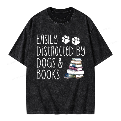 Pagewings Easily Distracted By Dogs And Books Unisex Washed T-shirt