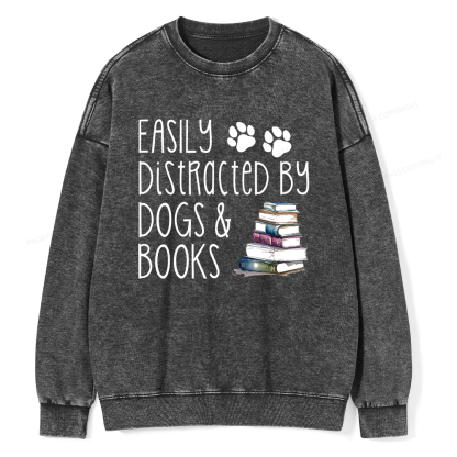 Pagewings Easily Distracted By Dogs And Books Unisex Washed Sweatshirt