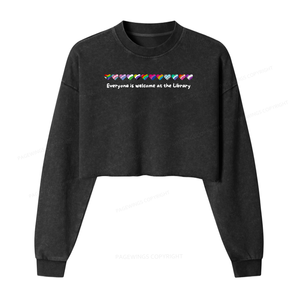 Pagewings Everyone Is Welcome At The Library Women Washed Crop Sweatshirt