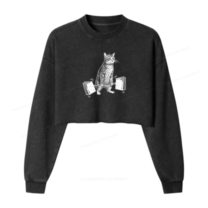 Pagewings Funny Cat Love Books Women Washed Crop Sweatshirt