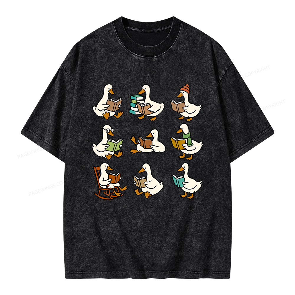 Pagewings Cute Goose Reading Unisex Washed T-shirt