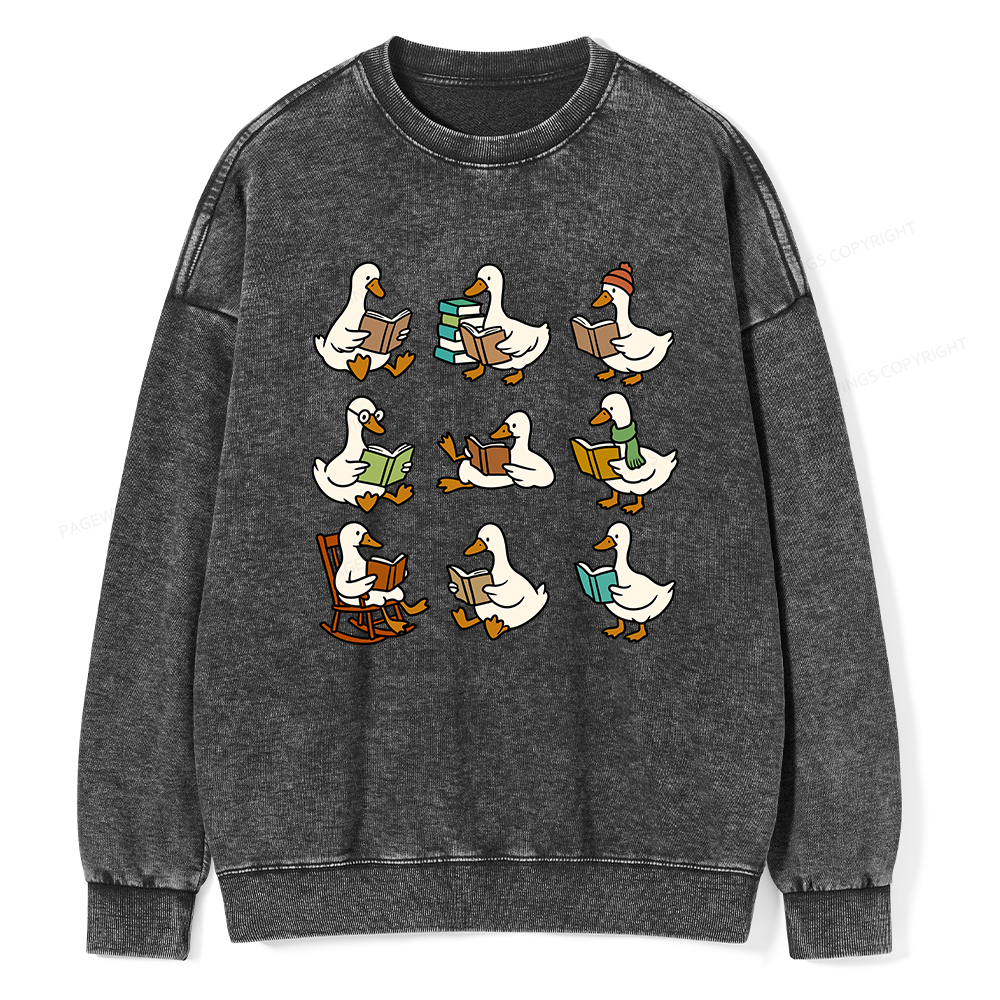 Pagewings Cute Goose Reading Unisex Washed Sweatshirt
