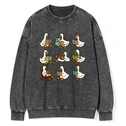 Pagewings Cute Goose Reading Unisex Washed Sweatshirt