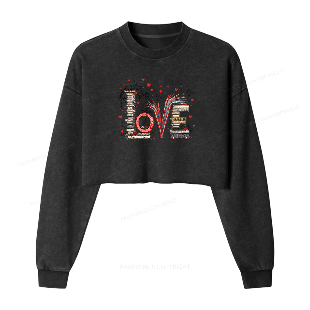 Pagewings Love Books Women Washed Crop Sweatshirt