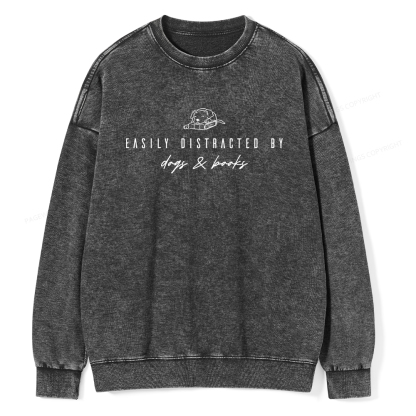 Pagewings Easily Distracted By Dogs And Books Unisex Washed Sweatshirt