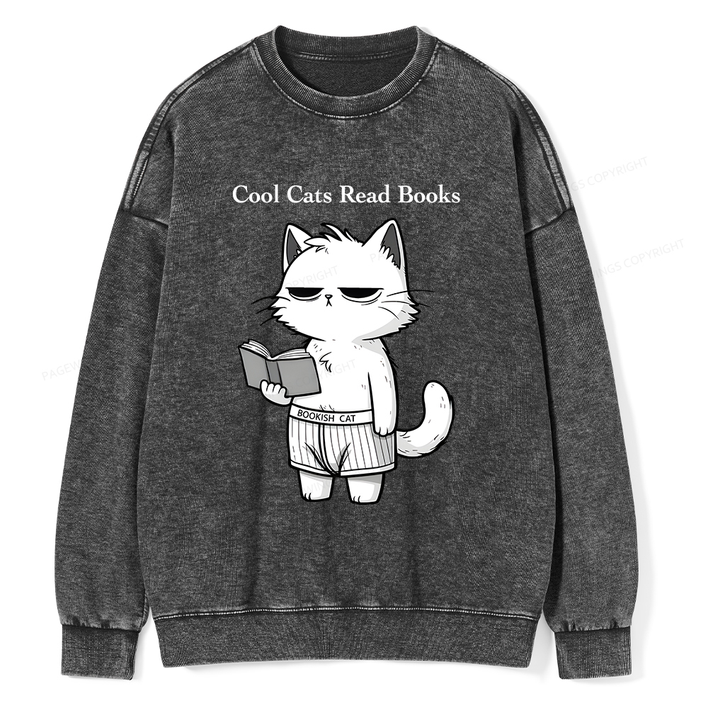 Pagewings Cool Cats Read Books Unisex Washed Sweatshirt