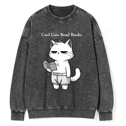 Pagewings Cool Cats Read Books Unisex Washed Sweatshirt