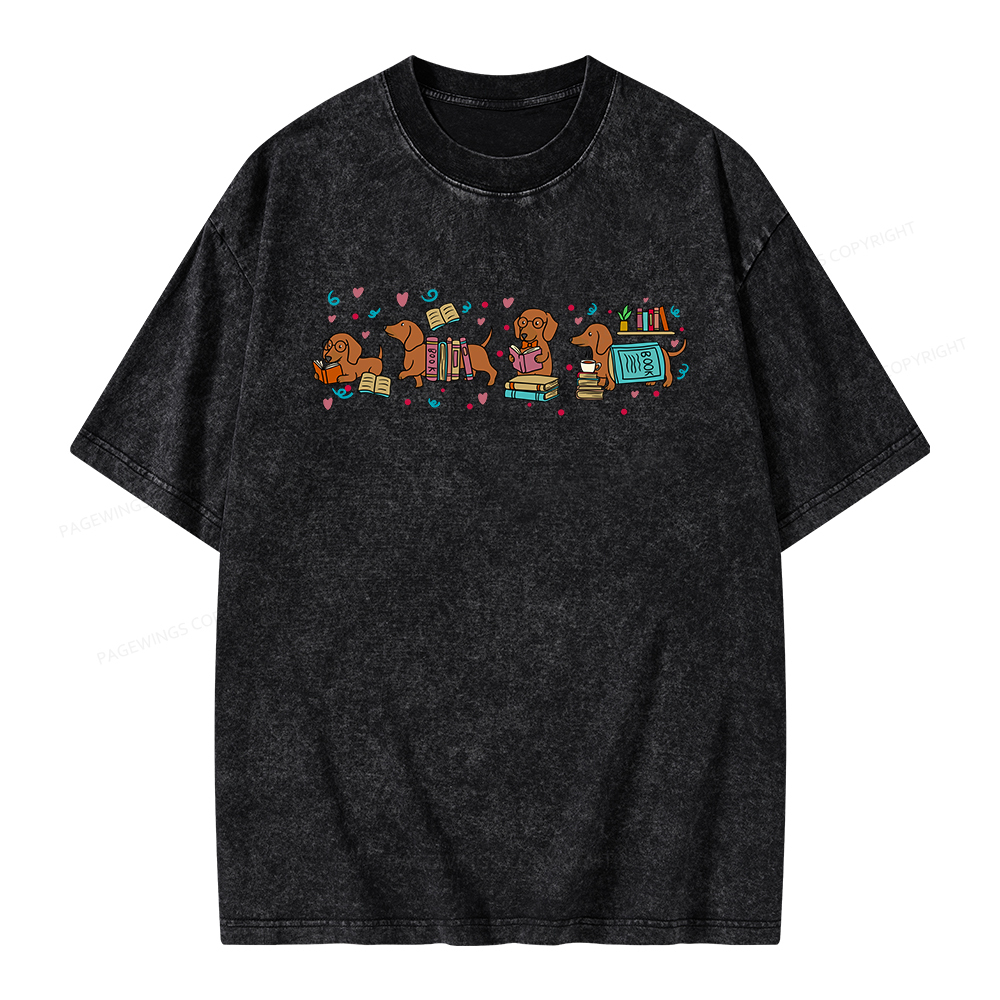 Pagewings Dachshund Book Lover Unisex Washed T-shirt