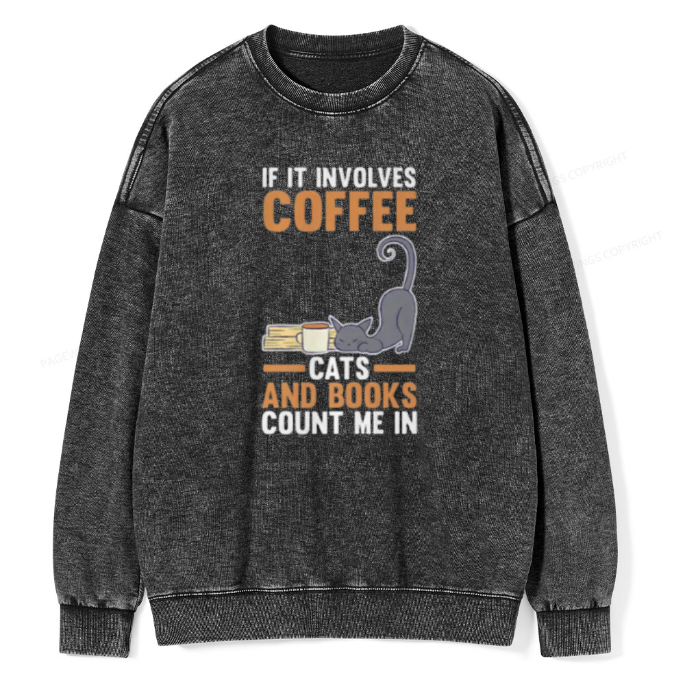 Pagewings Cats Reading Books Coffee T Shirts Unisex Washed Sweatshirt