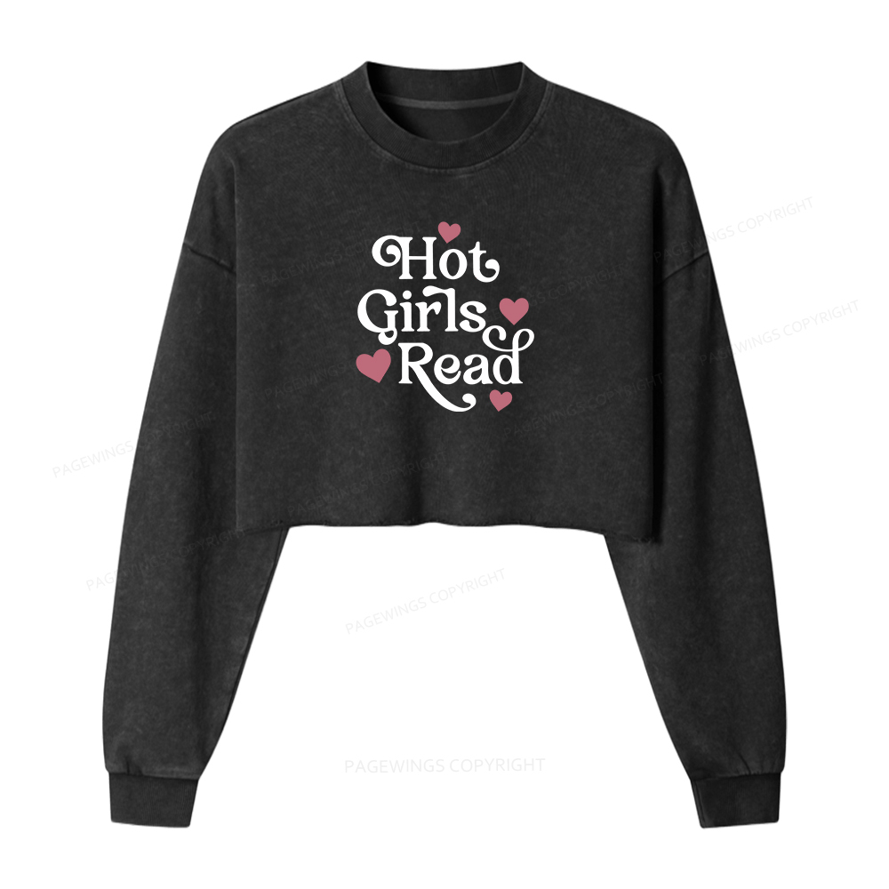 Pagewings Hot Girls Read Women Washed Crop Sweatshirt
