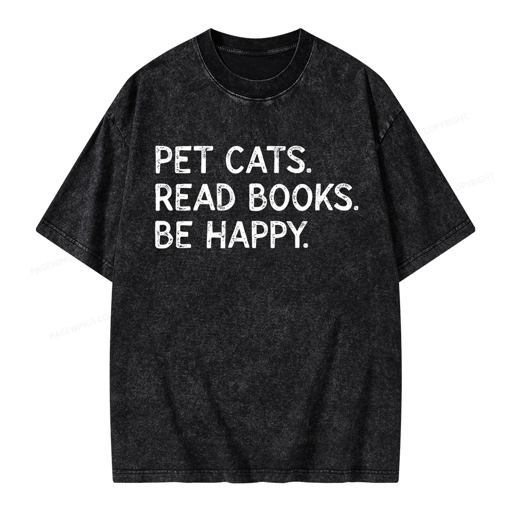 Pagewings Pet Cats Read Books Be Happy Unisex Washed T-shirt