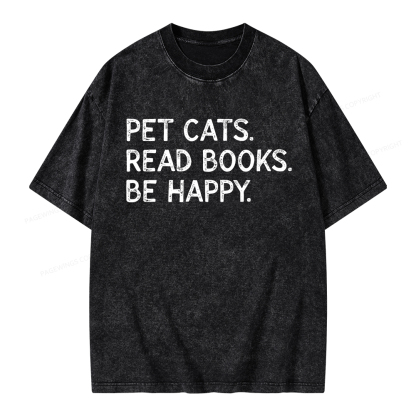 Pagewings Pet Cats Read Books Be Happy Unisex Washed T-shirt