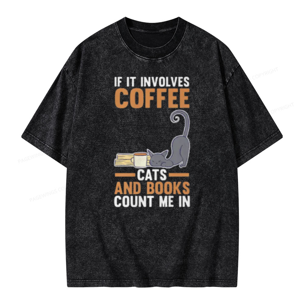 Pagewings Cats Reading Books Coffee T Shirts Unisex Washed T-shirt