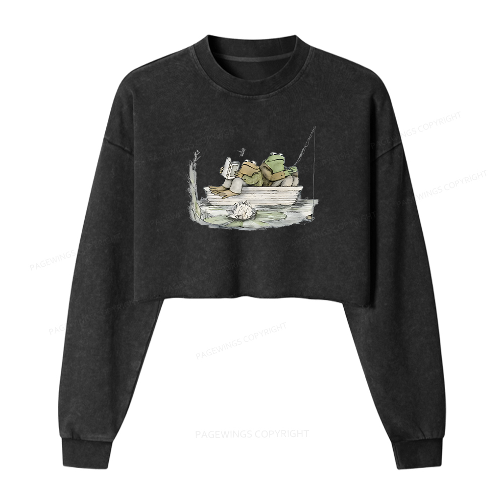Pagewings Frog Reading Washed Crop Sweatshirt