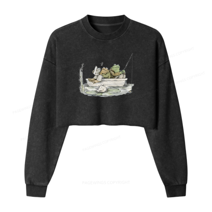 Pagewings Frog Reading Washed Crop Sweatshirt