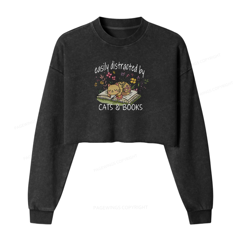 Pagewings Easily Distracted By Cats And Books Washed Crop Sweatshirt