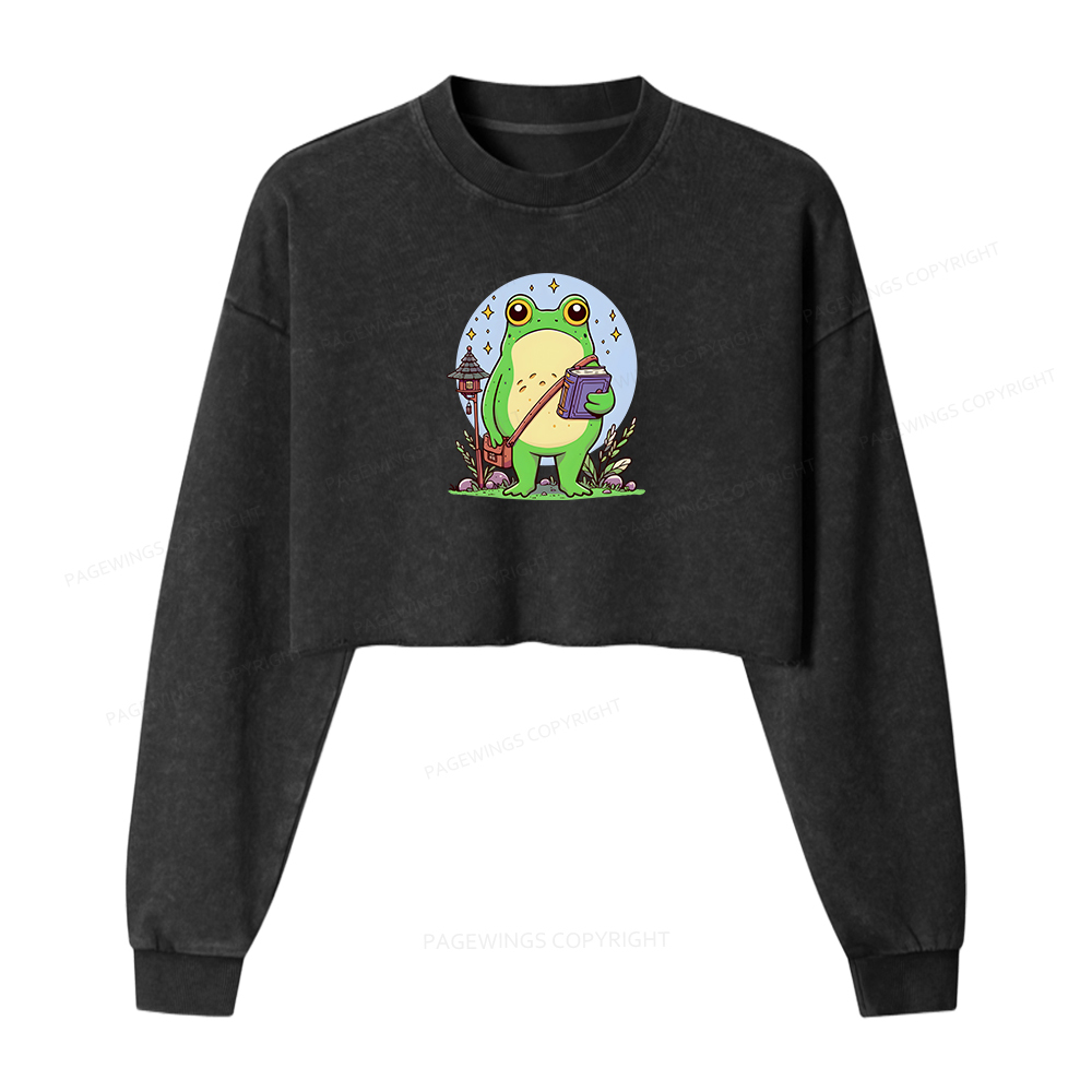 Pagewings Frog Reading Book Washed Crop Sweatshirt