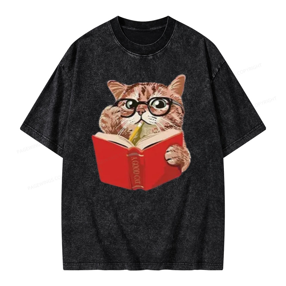Pagewings Cat Reading Book Shirt, Books and Cats T-Shirt Unisex Washed T-shirt