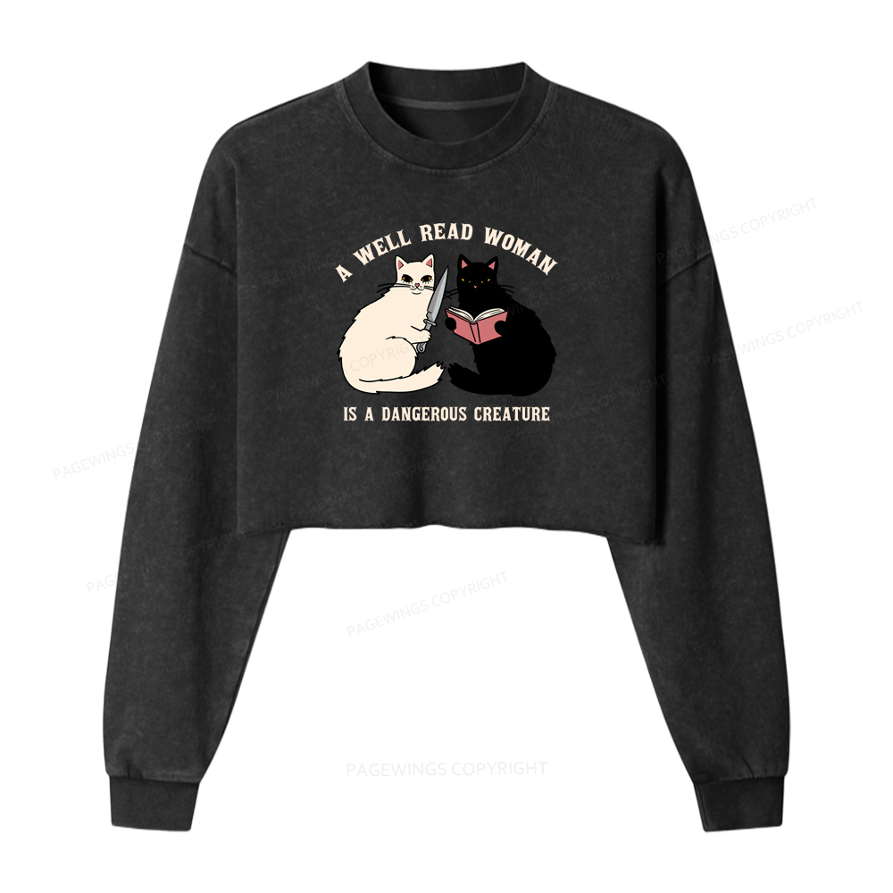 Pagewings A Well Read Woman Is A Dangerous Creature Washed Crop Sweatshirt