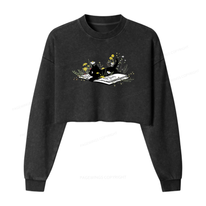Pagewings Cute Book Cat Washed Crop Sweatshirt
