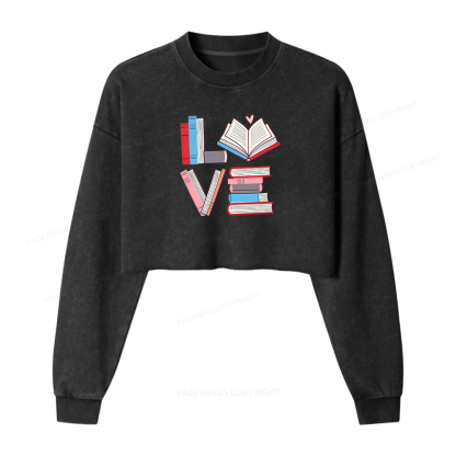 Pagewings Books Lovers Valentines Washed Crop Sweatshirt