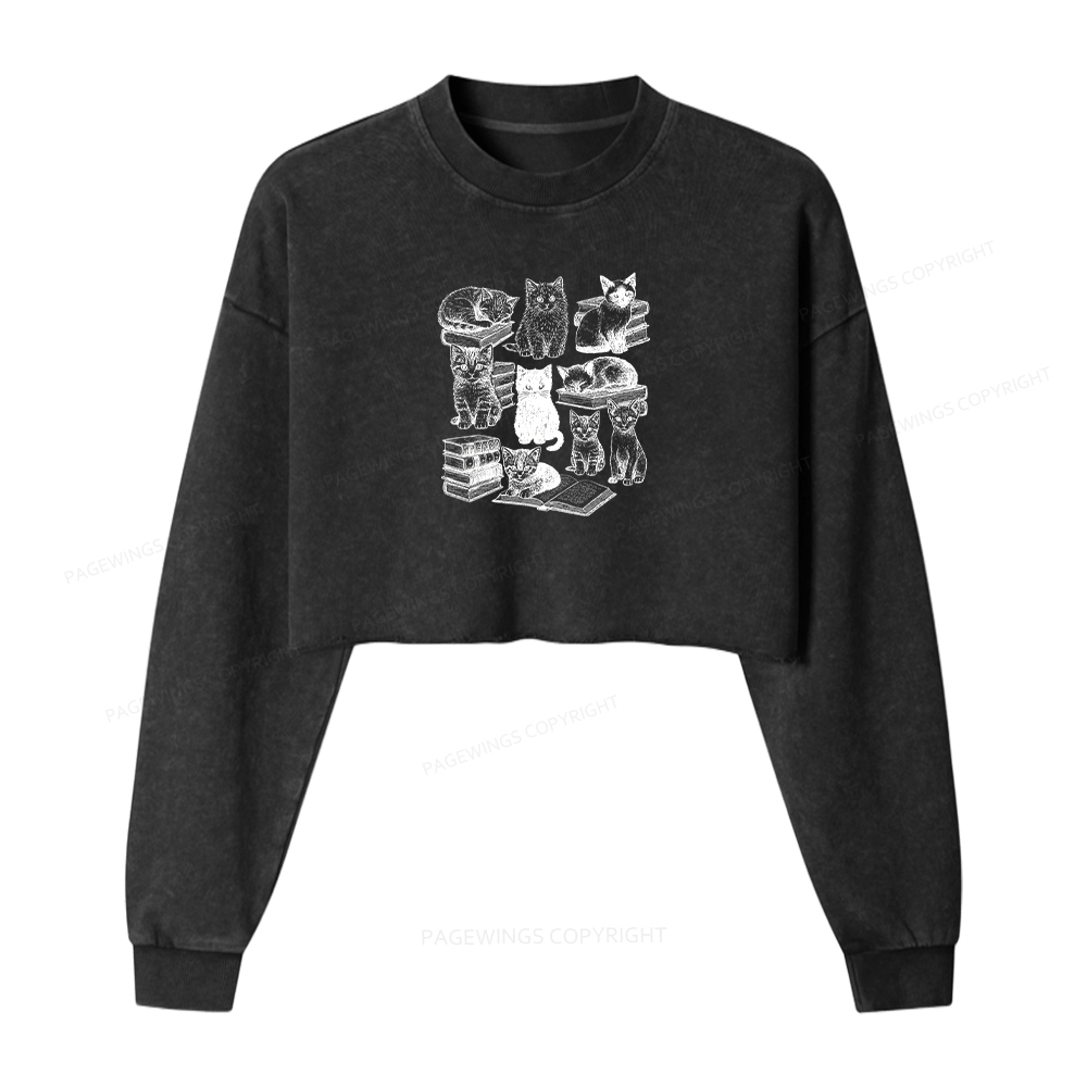 Pagewings Cats And Books Washed Crop Sweatshirt