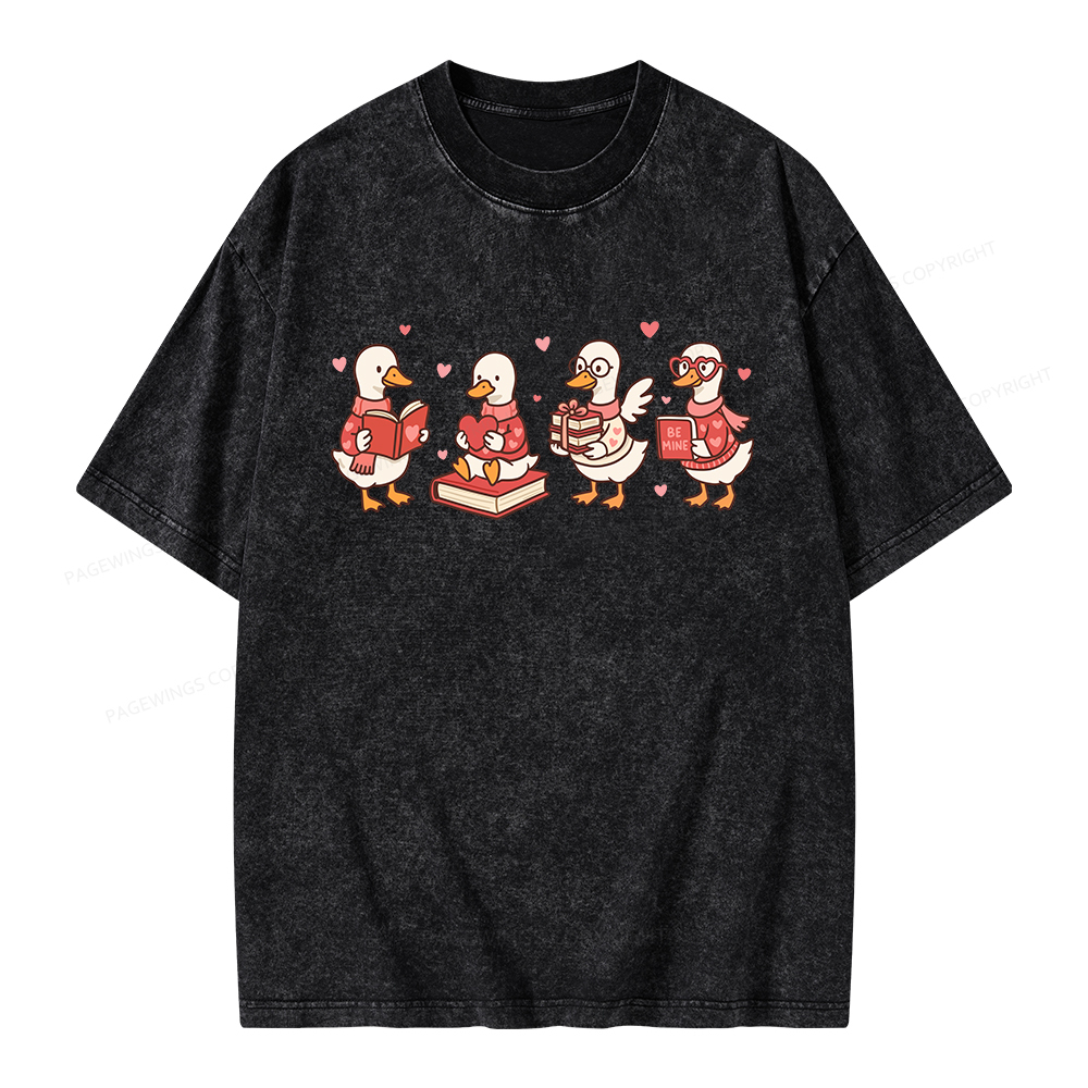 Pagewings Goose Book Lover Valentines Day Unisex Washed T-shirt