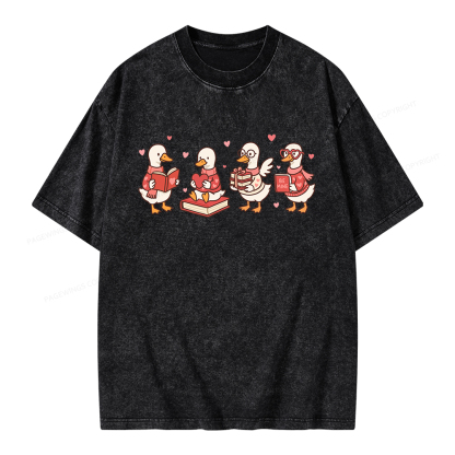Pagewings Goose Book Lover Valentines Day Unisex Washed T-shirt