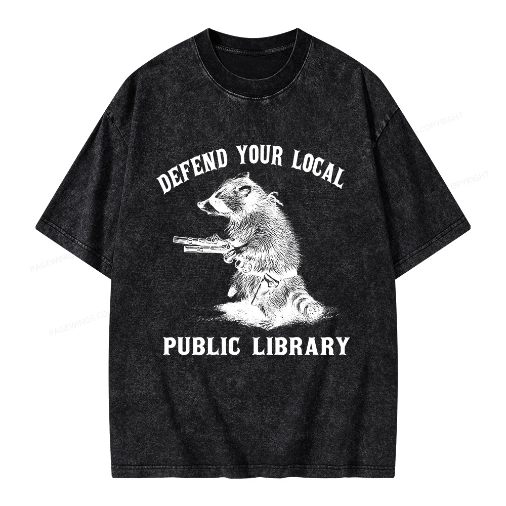 Pagewings Raccoon Defend Your Local Public Library Unisex Washed T-shirt