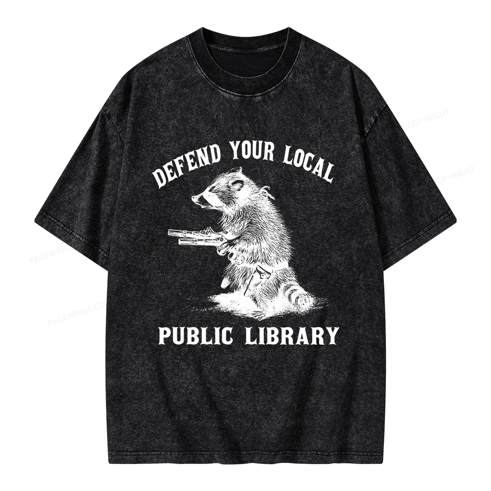 Pagewings Raccoon Defend Your Local Public Library Unisex Washed T-shirt
