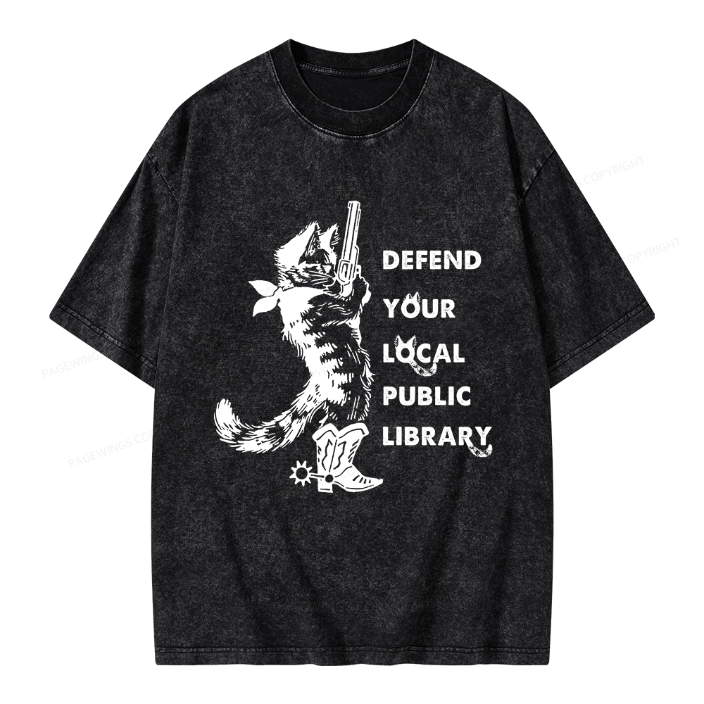 Pagewings Cat Defend Your Local Public Library Unisex Washed T-shirt