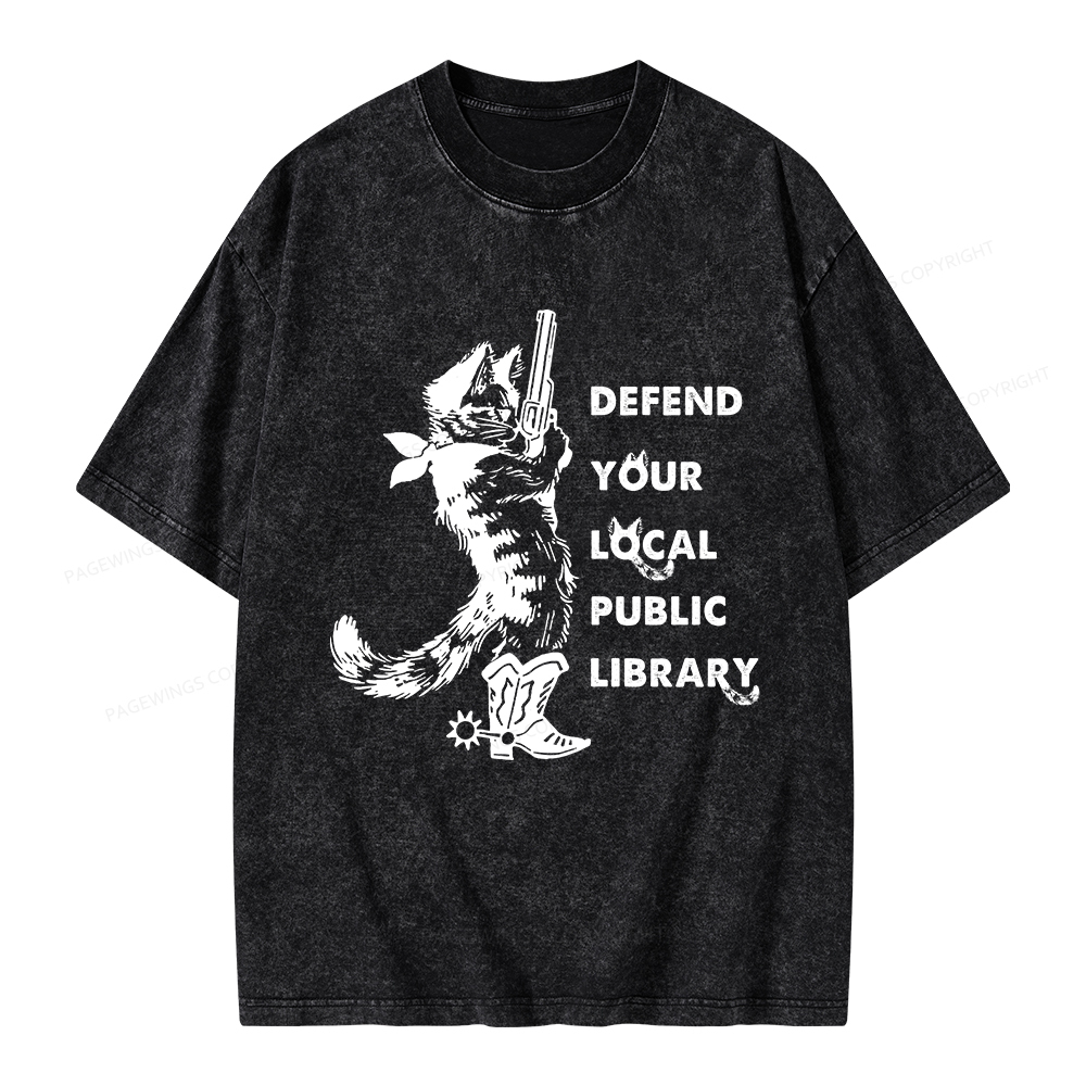 Pagewings Cat Defend Your Local Public Library Unisex Washed T-shirt