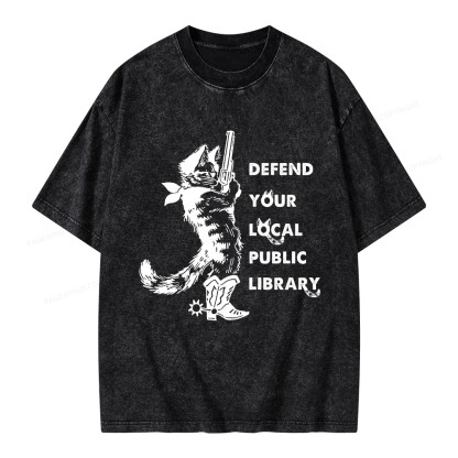 Pagewings Cat Defend Your Local Public Library Unisex Washed T-shirt