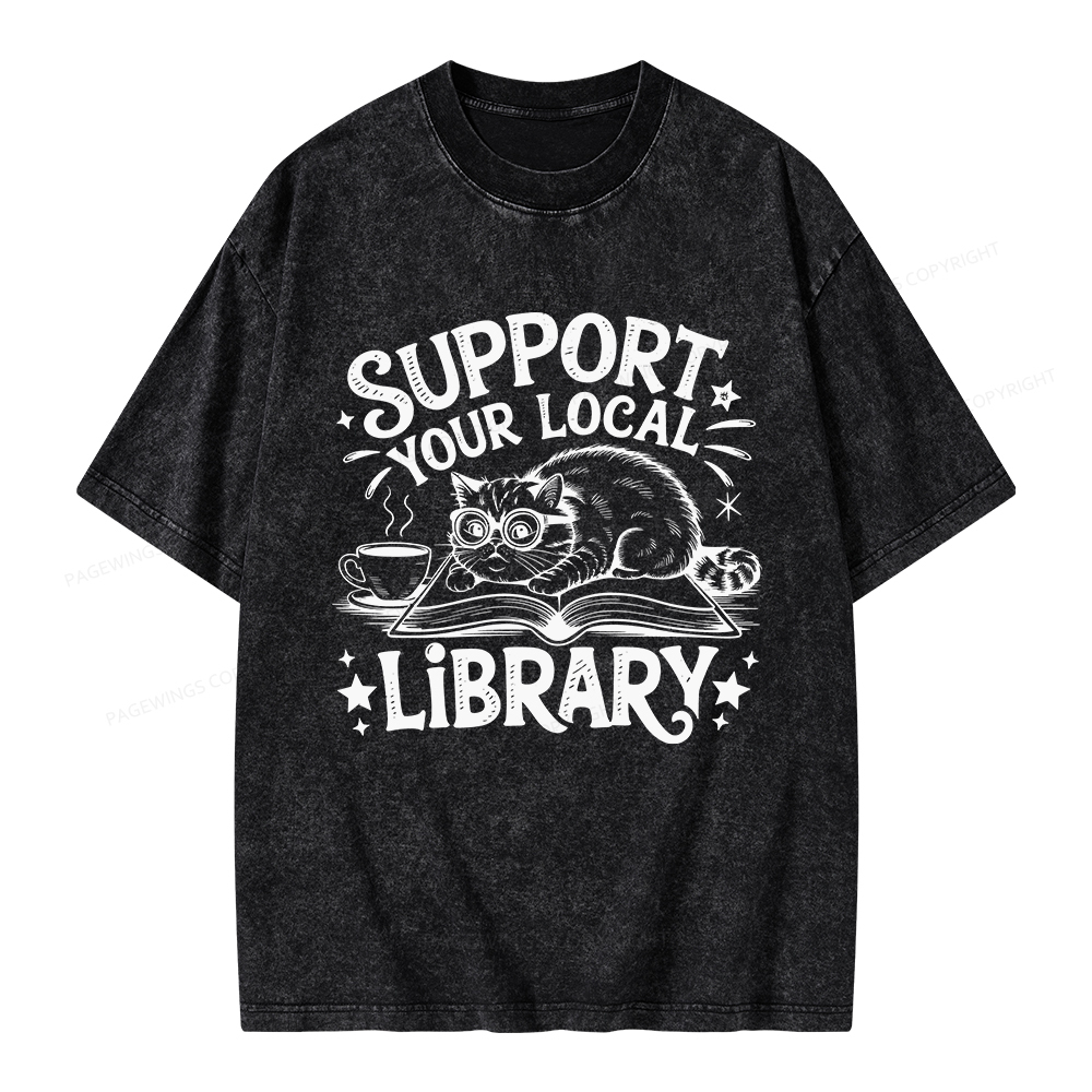 Pagewings Support Your Local Library Cat  Unisex Washed T-shirt