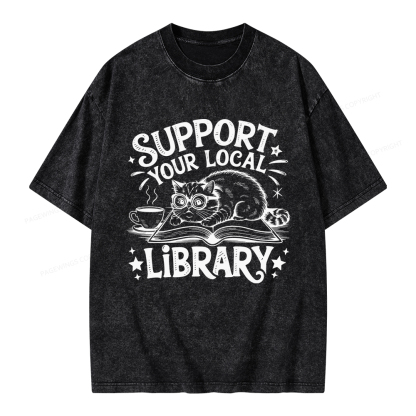 Pagewings Support Your Local Library Cat  Unisex Washed T-shirt