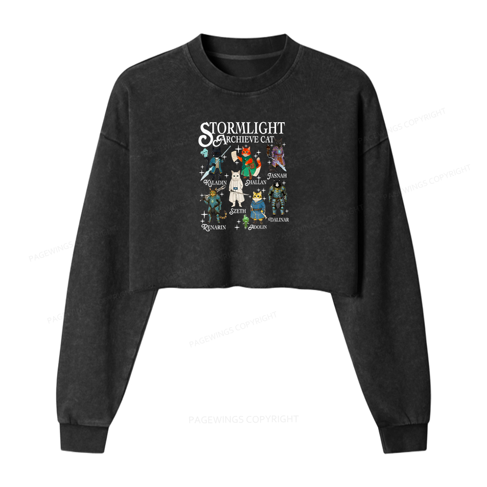 Pagewings Cat Characters Washed Crop Sweatshirt