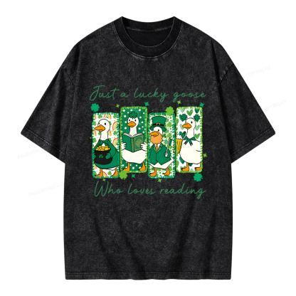 Pagewings St Patrick’s Day Just A Lucky Goose Who Loves Reading Unisex Washed T-shirt
