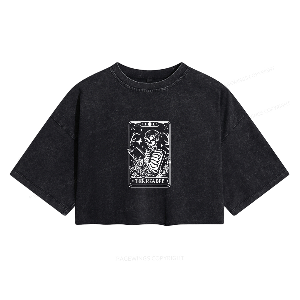 Pagewings Halloween The Reader Tarot Card Women's Washed Cropped T-shirt