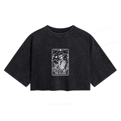 Pagewings Halloween The Reader Tarot Card Women's Washed Cropped T-shirt