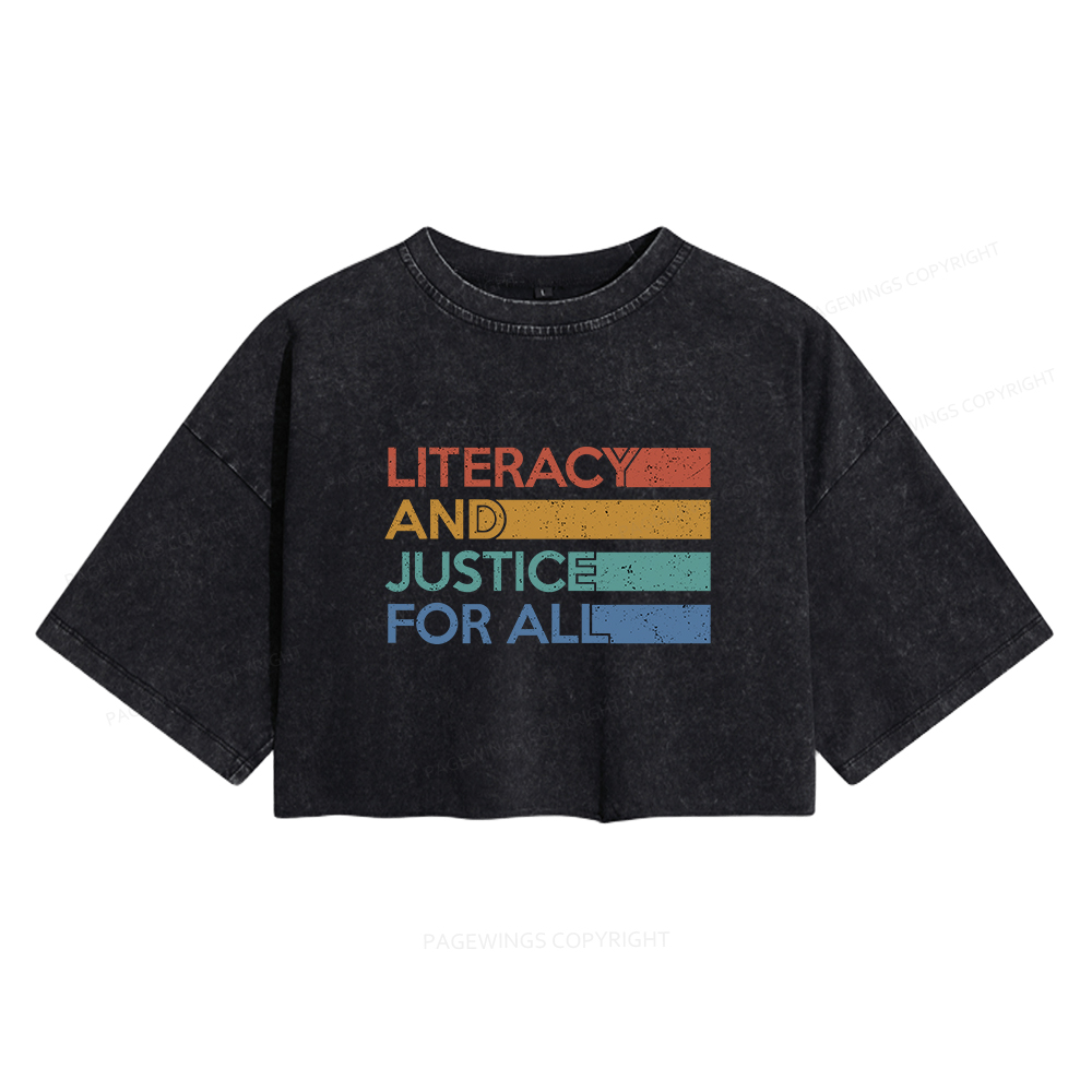 Pagewings Literacy and Justice For All  Women's Washed Cropped T-shirt