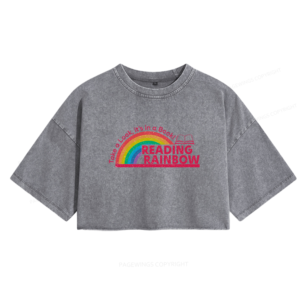 Pagewings Reading With Rainbow Women's Washed Cropped T-shirt