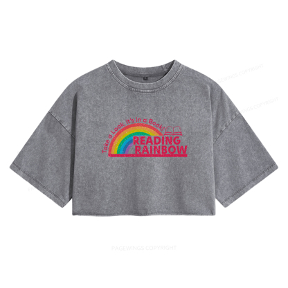Pagewings Reading With Rainbow Women's Washed Cropped T-shirt